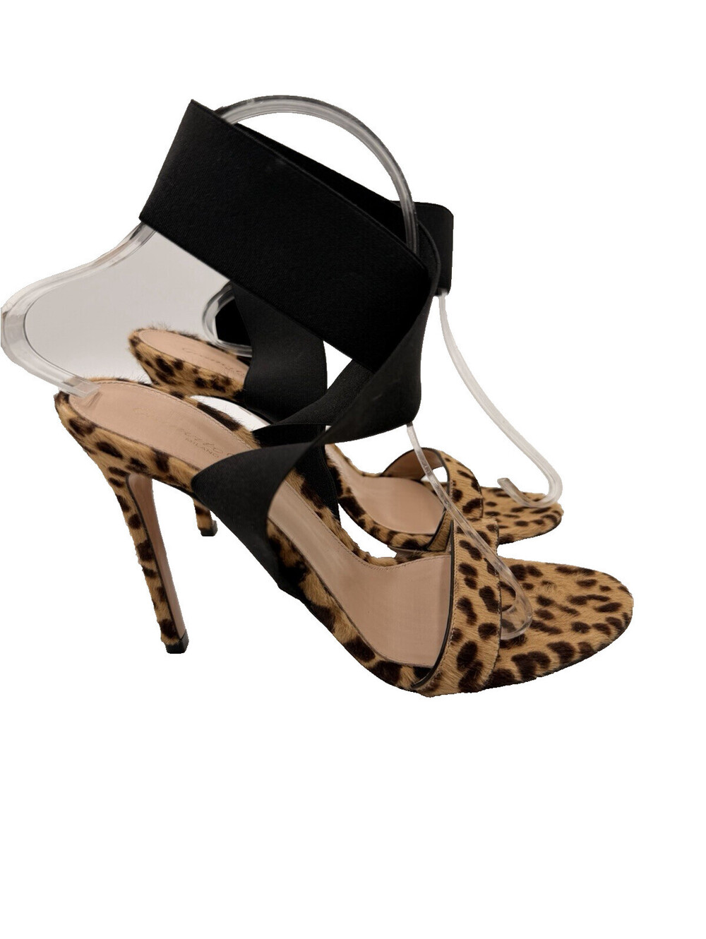 Women’s Gianvito Rossi leopard print calf hair ankle wrap sandals Size 38.5